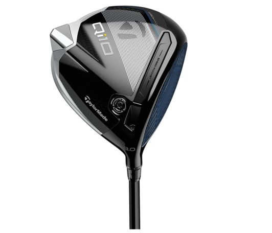 Black and silver golf driver with aerodynamic design and blue accent.