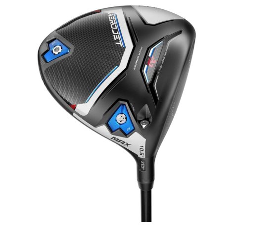 Black and silver golf club driver with blue accents and adjustable features.